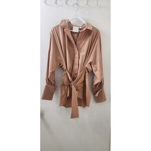 C/MEO COLLECTIVE Belted Button Down Shirt Tan Brown Cuffed Long Sleeve Small